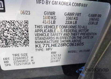 2024 Chevrolet Trax Fwd Lt z USA, uszkodzony, nr VIN KL77LHE28RC061605